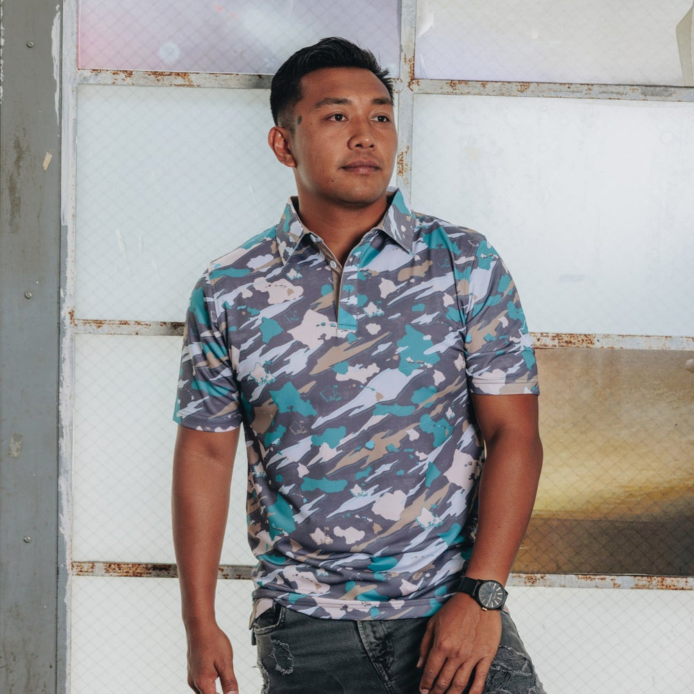 
                      
                        "Island Flow Camo" - OGA Men's Polo - Teal / Sand
                      
                    