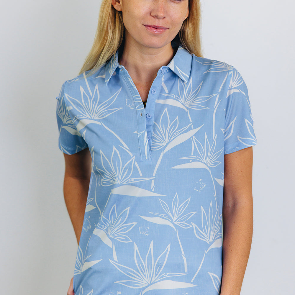 "Birdies of Paradise" Icy Shale Blue - OGA Women's Polo - Shale Blue / Snow Cap White