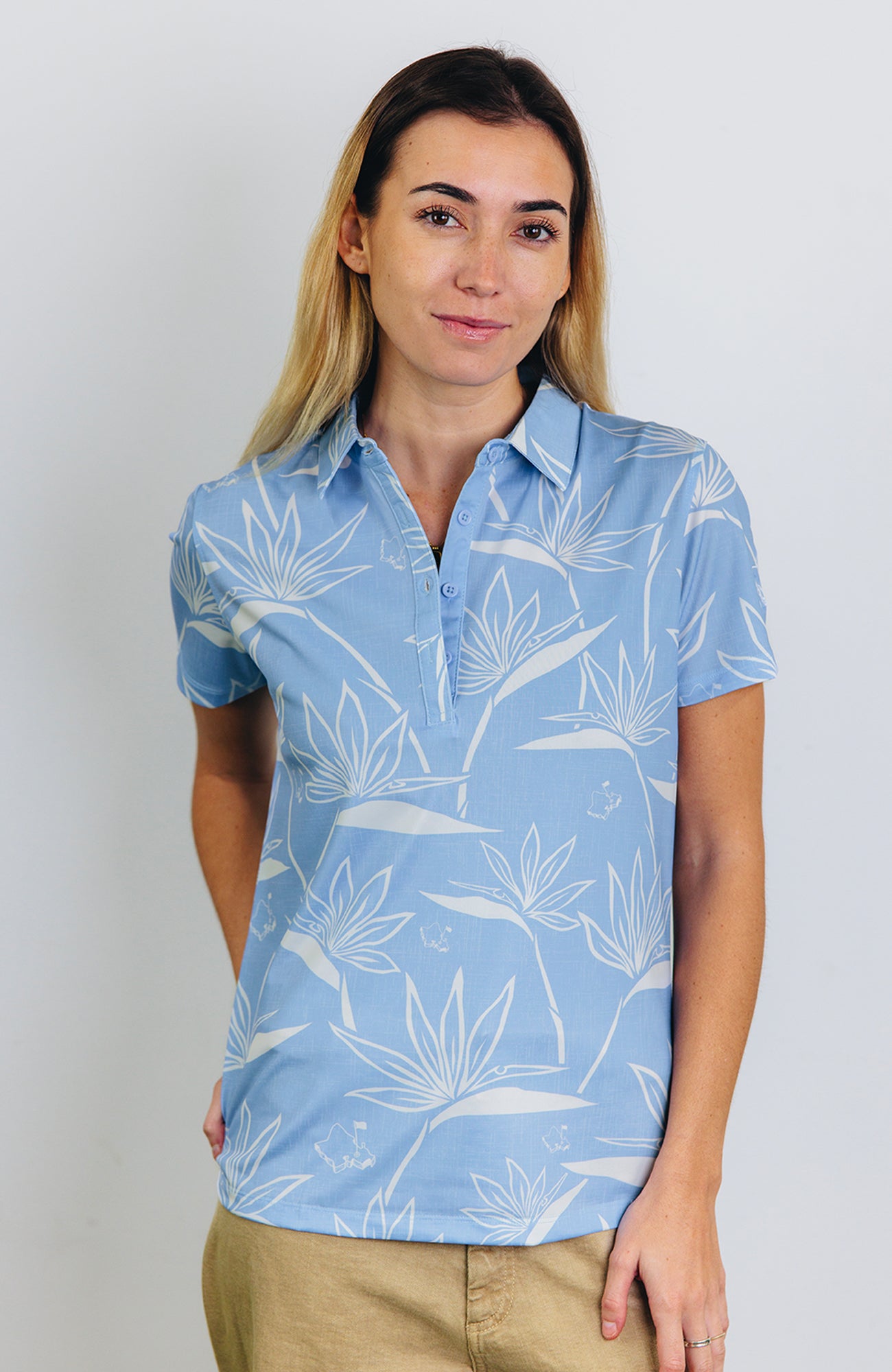 "Birdies of Paradise" Icy Shale Blue - OGA Women's Polo - Shale Blue / Snow Cap White