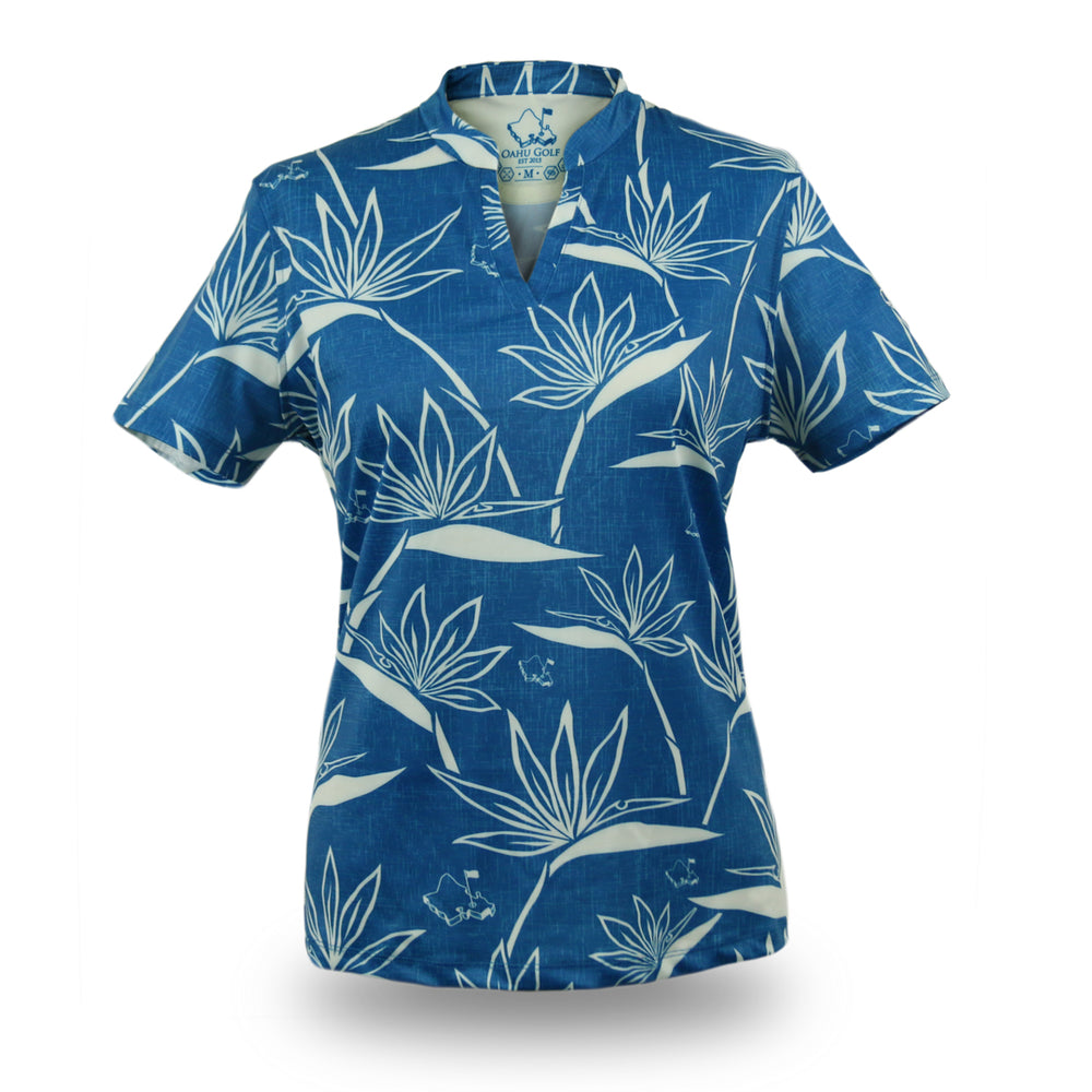 "Birdies of Paradise" Teal Ecru - OGA Women's Polo - Teal Blue Ecru White