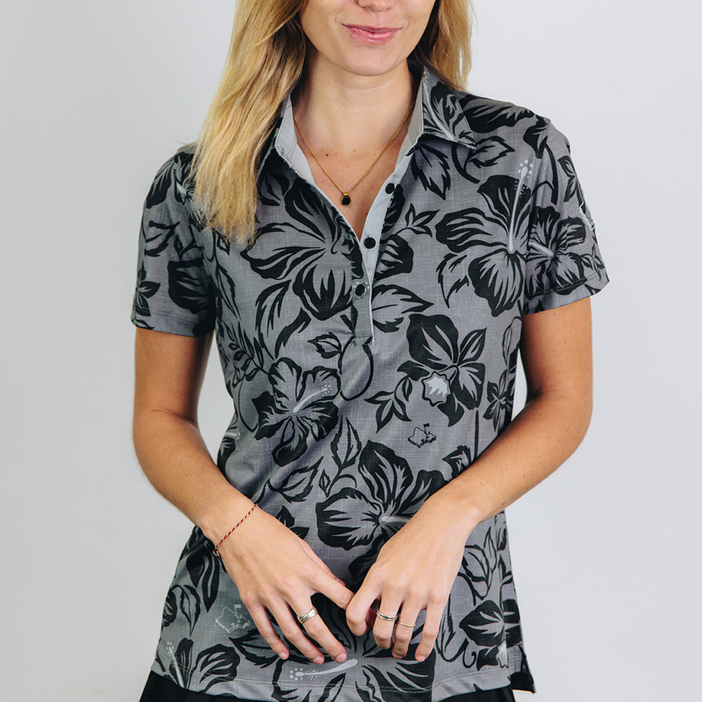 "Bloom" Black Smoke - OGA Women's Polo - Black Obsidian / Gray Smoke