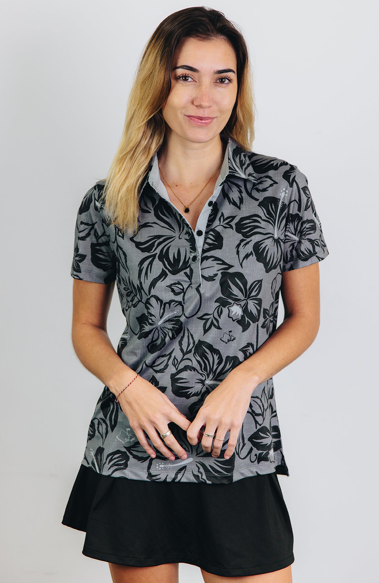 "Bloom" Black Smoke - OGA Women's Polo - Black Obsidian / Gray Smoke