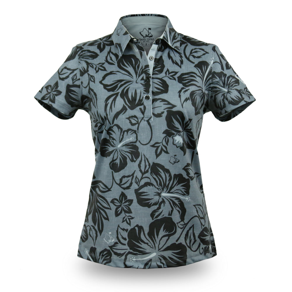 "Bloom" Black Smoke - OGA Women's Polo - Black Obsidian / Gray Smoke