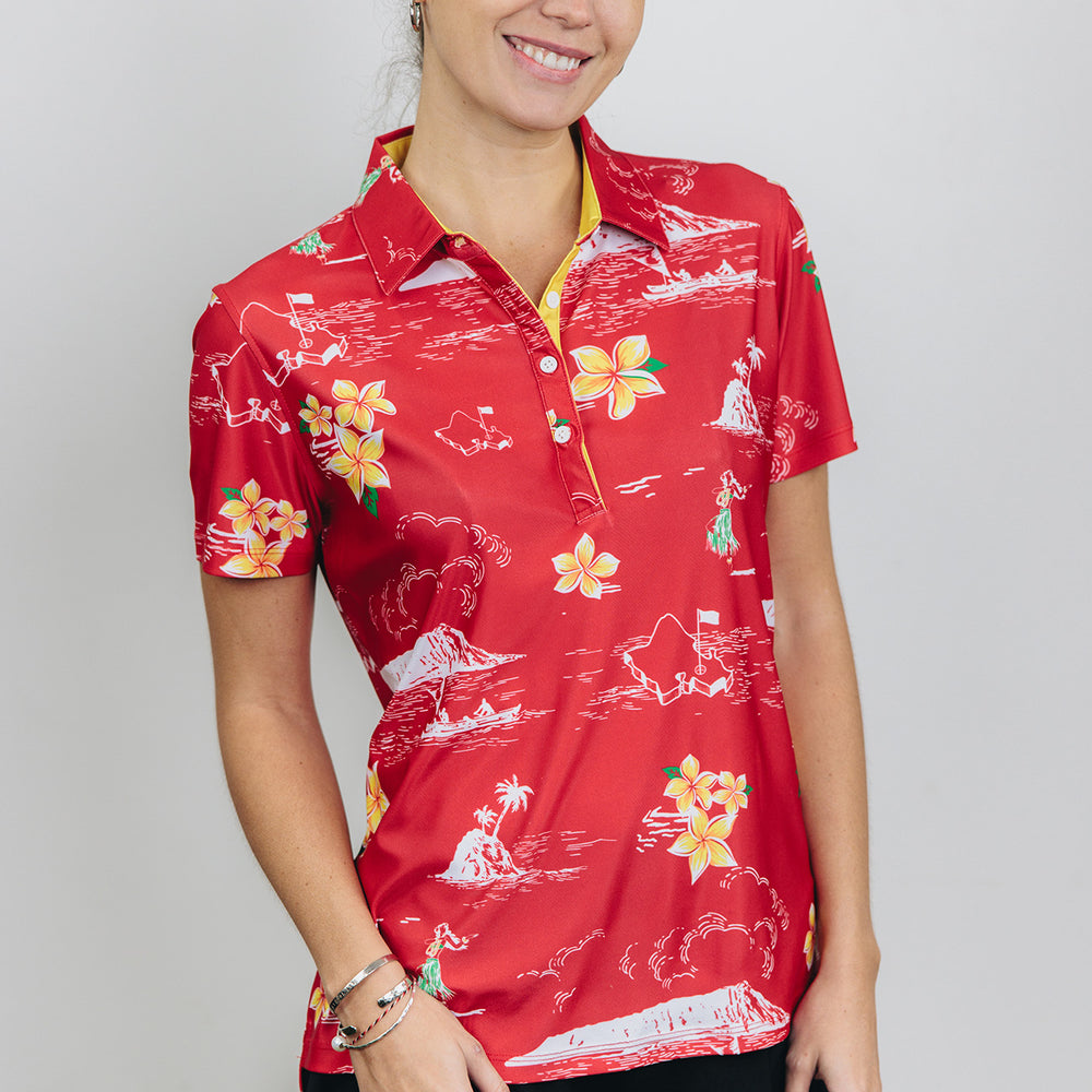 
                      
                        "Classic Scenic" Red Sunset - OGA Women's Polo - Deep Red
                      
                    