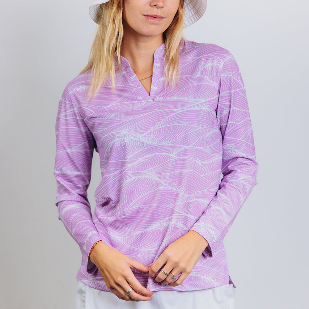 "Fluid" Lavender White - OGA Women's Long Sleeve Polo - Lavender / White