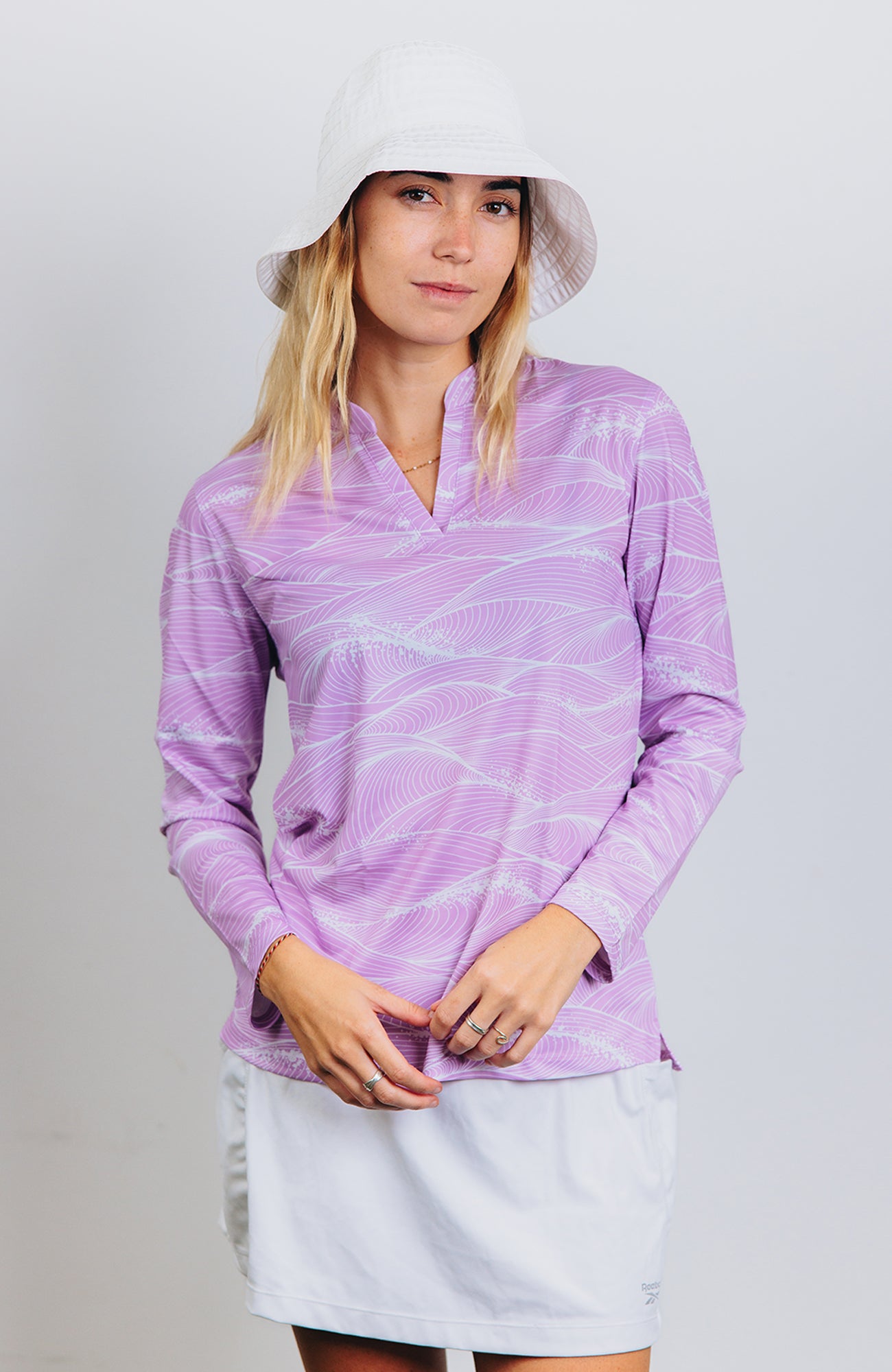 "Fluid" Lavender White - OGA Women's Long Sleeve Polo - Lavender / White