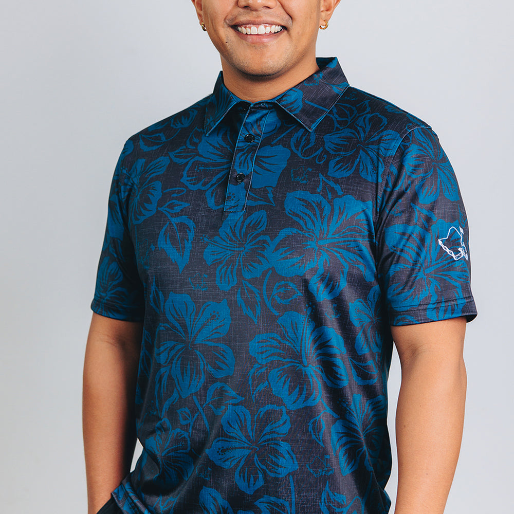 "Hibiscus Pareu" Midnight Blues - OGA Men's Polo - Black / Blue