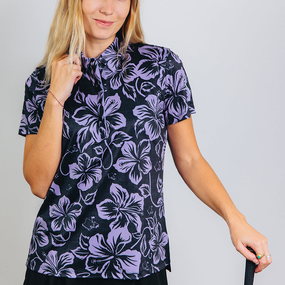 "HIbiscus Pareu" Midnight Lavender - OGA Women's Polo - Black / Lavender