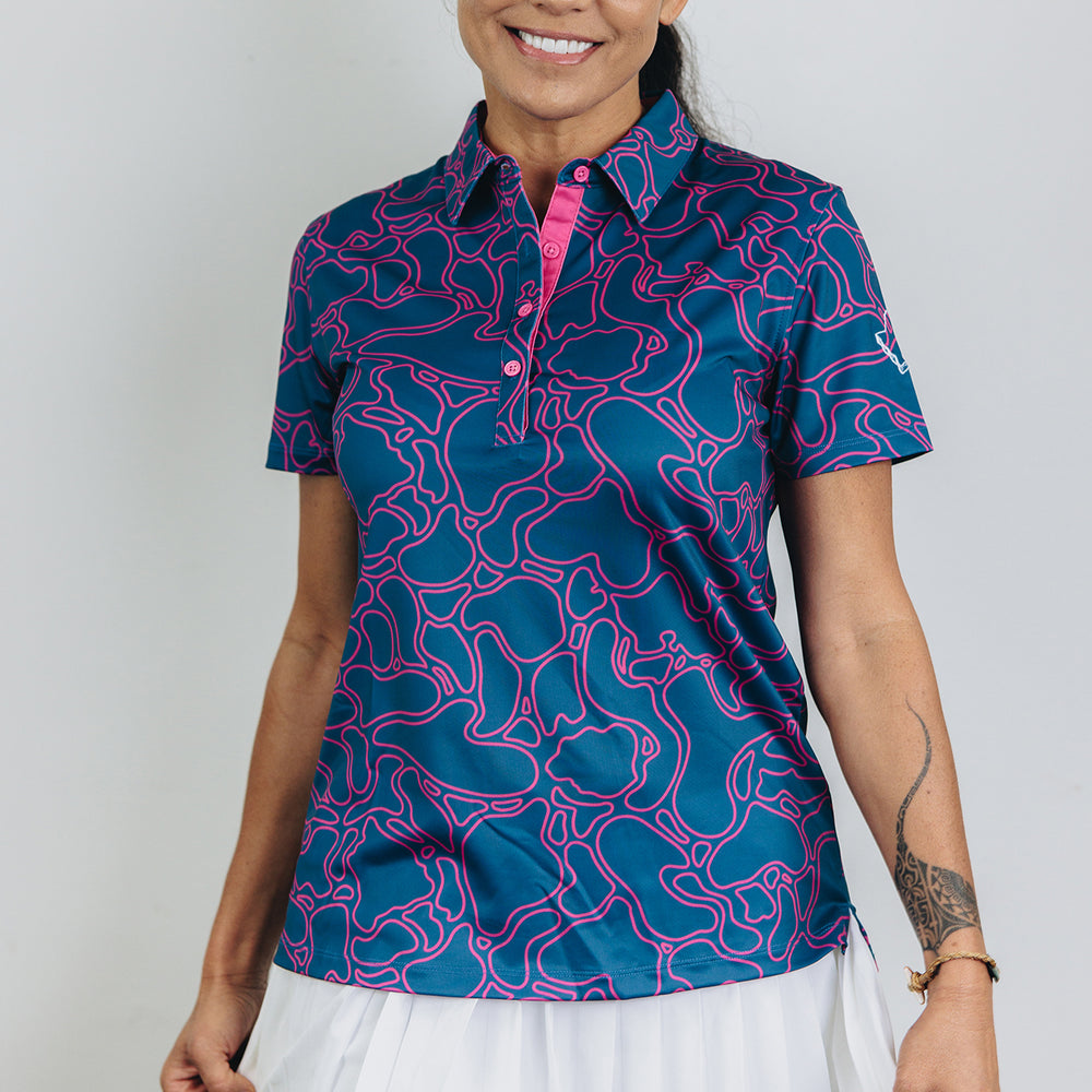 "Island Coral" Contrast - OGA Women's Polo - Deep Blue / Magenta