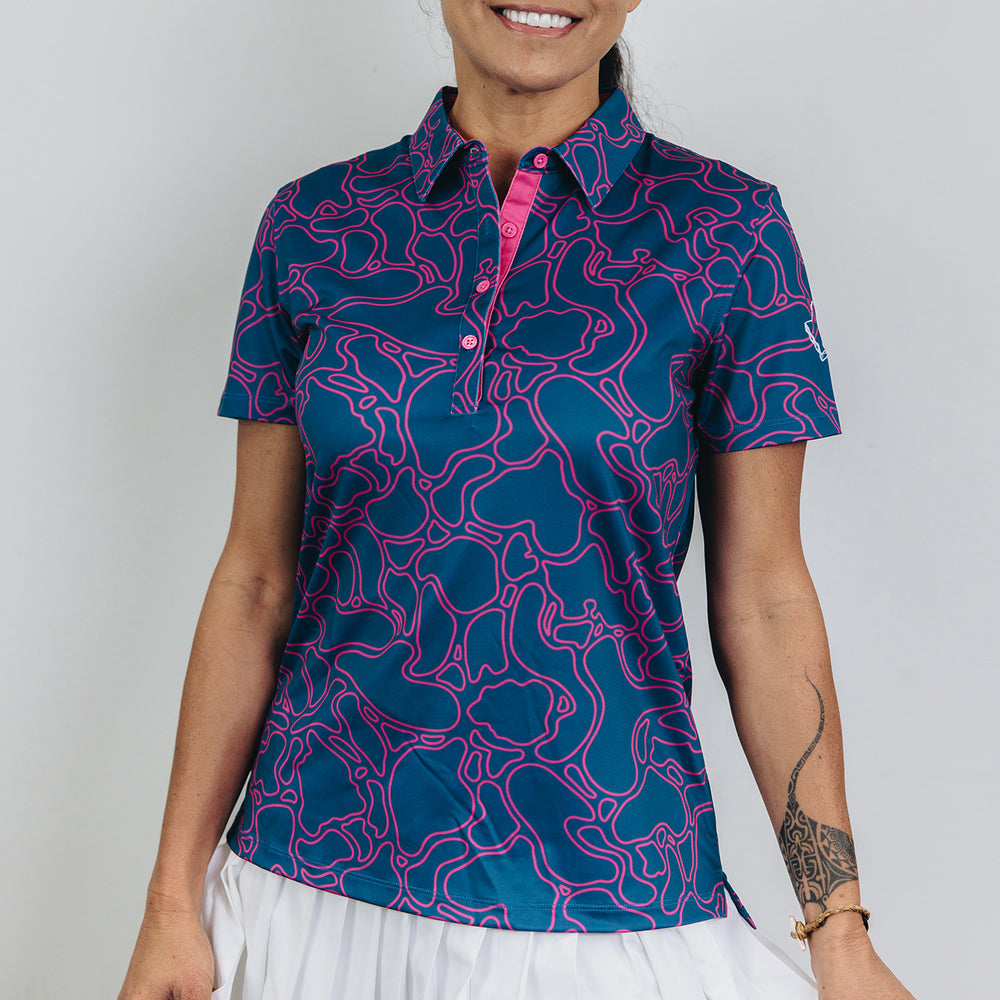 "Island Coral" Contrast - OGA Women's Polo - Deep Blue / Magenta