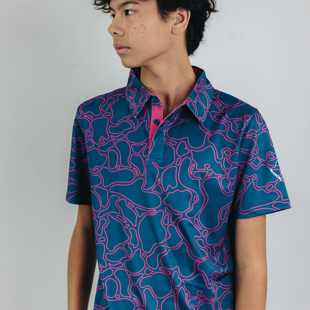 "Island Coral" Contrast - OGA Youth Polo - Deep Blue / Magenta