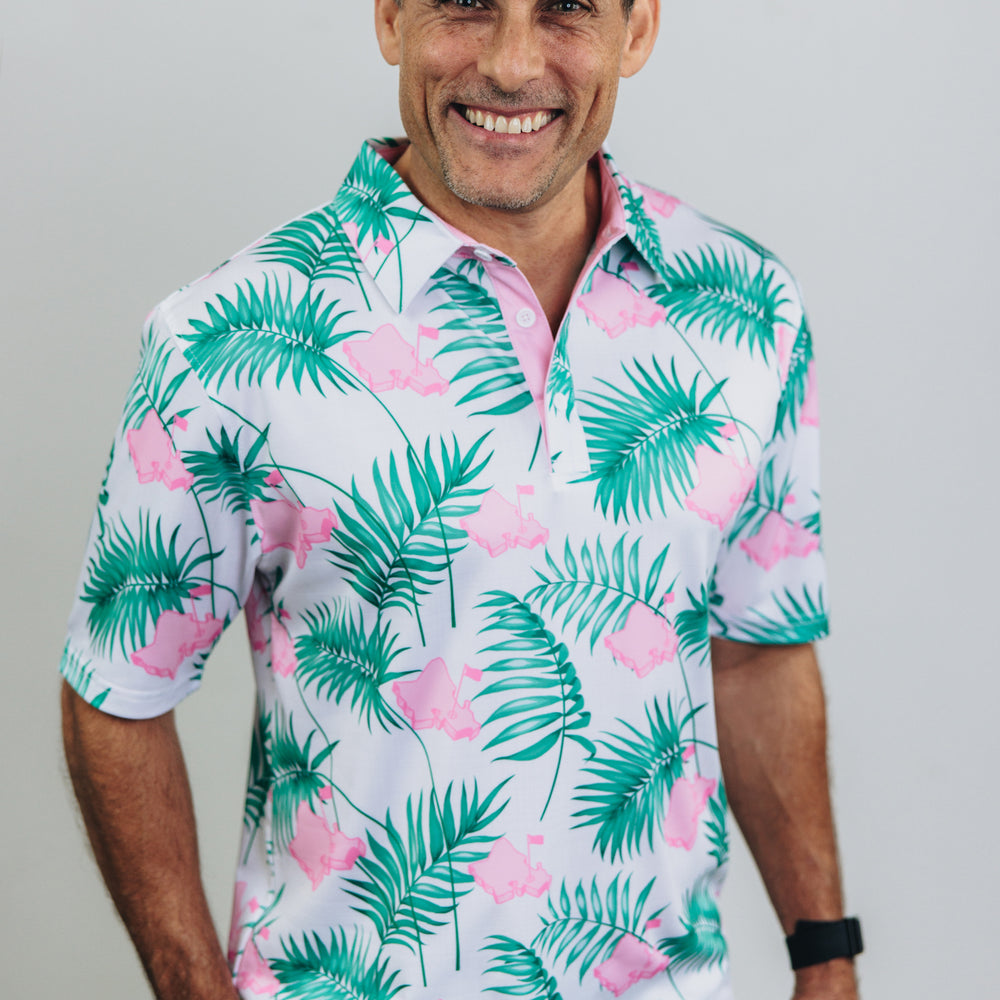 
                      
                        "It's About Time" White Tropics - OGA Men's Polo - White / Pink / Green
                      
                    