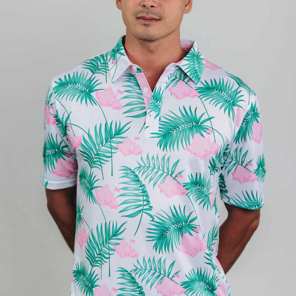 "It's About Time" White Tropics - OGA Men's Polo - White / Pink / Green