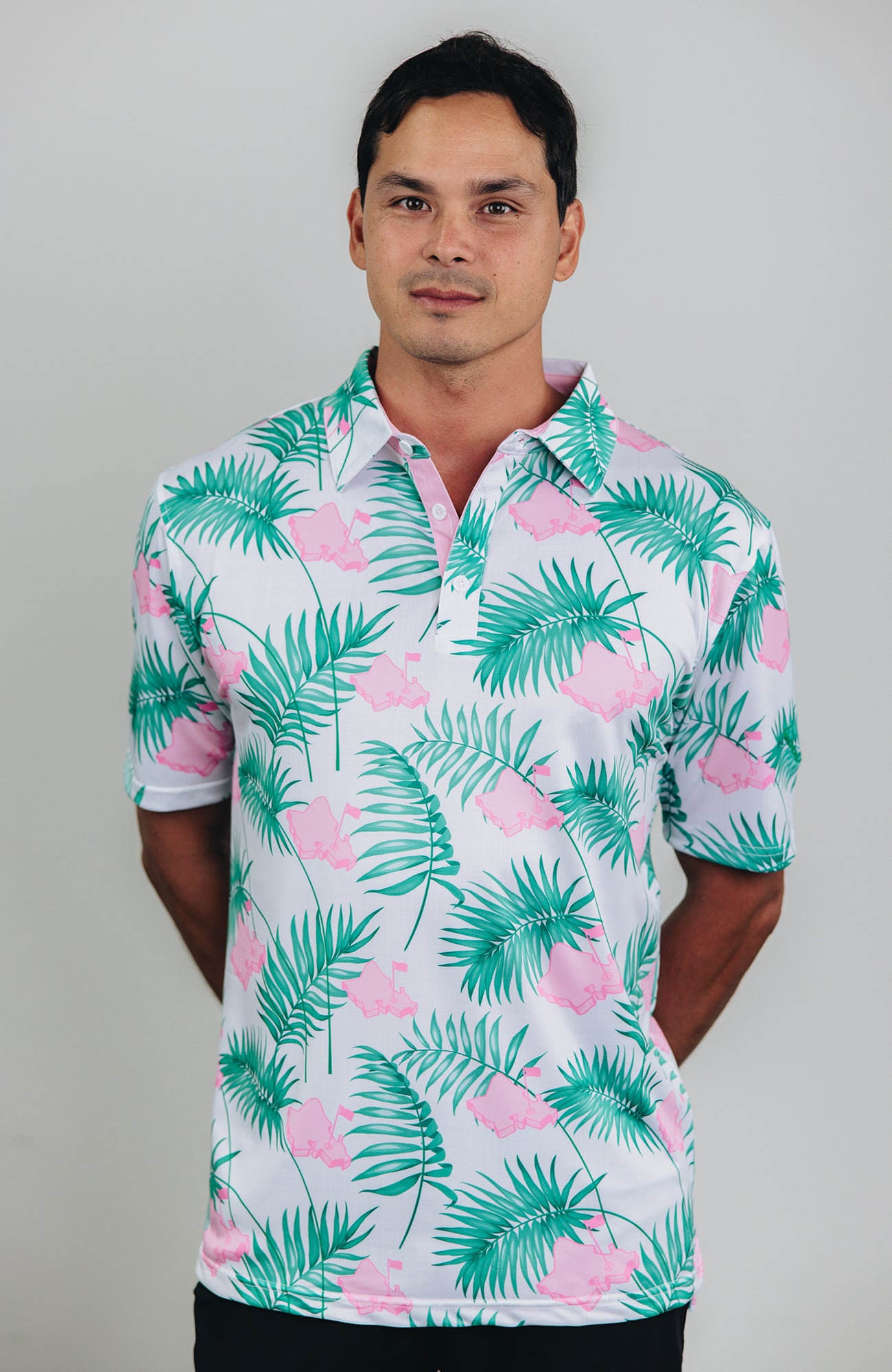 "It's About Time" White Tropics - OGA Men's Polo - White / Pink / Green