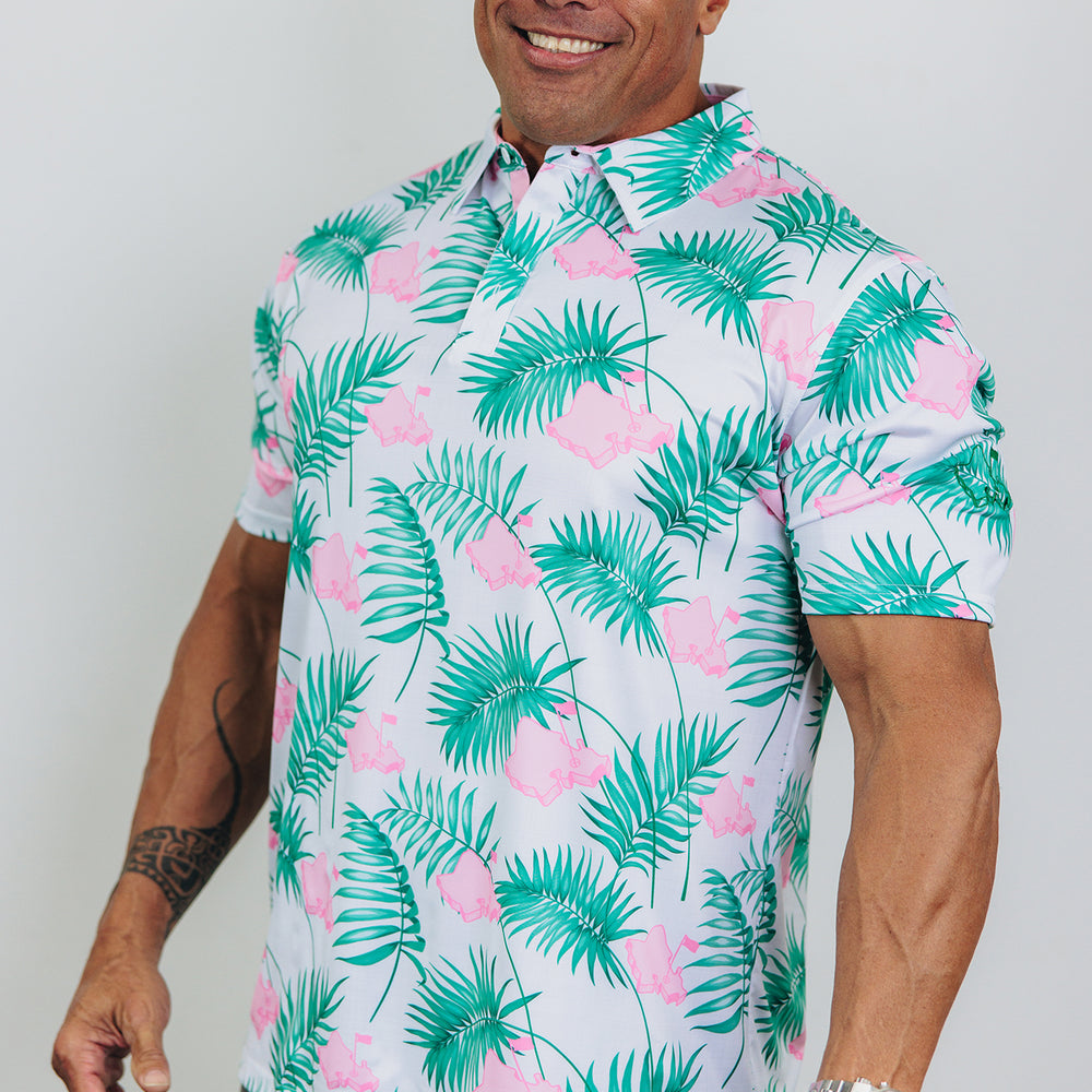 
                      
                        "It's About Time" White Tropics - OGA Men's Polo - White / Pink / Green
                      
                    