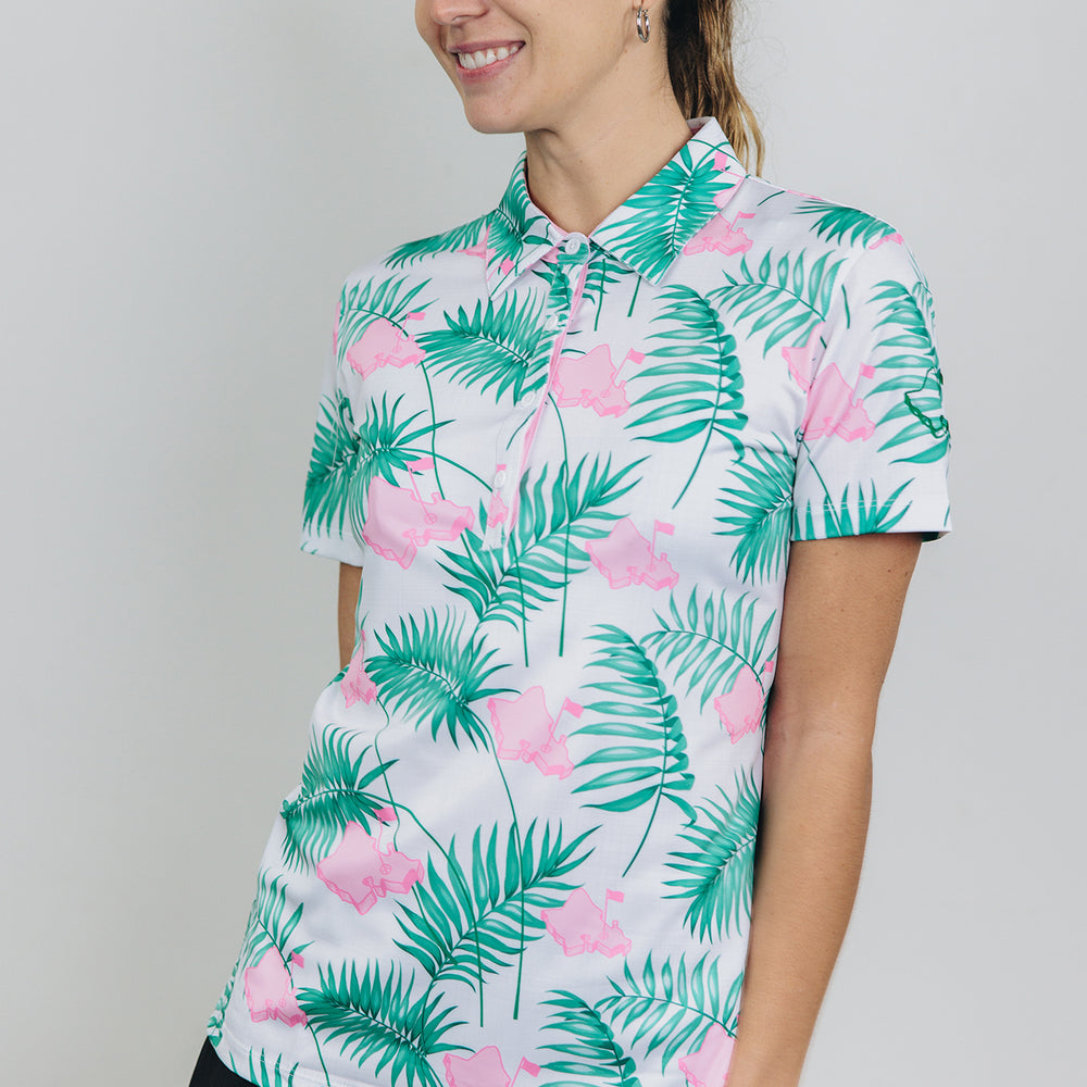 "It's About Time" White Tropics - OGA Women's Polo - White / Pink / Green