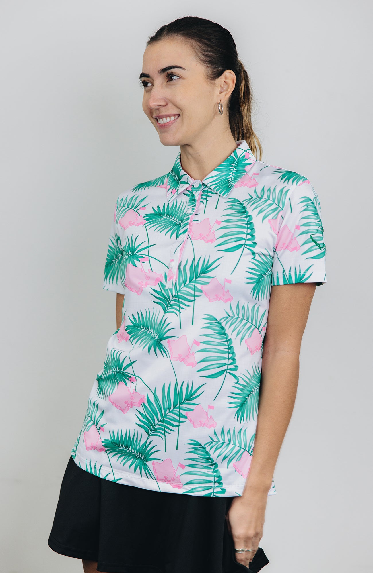 "It's About Time" White Tropics - OGA Women's Polo - White / Pink / Green