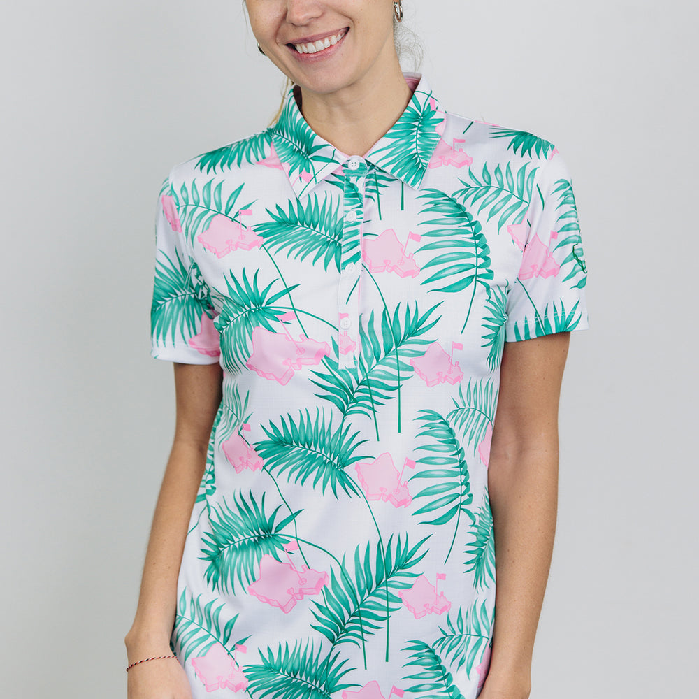 "It's About Time" White Tropics - OGA Women's Polo - White / Pink / Green