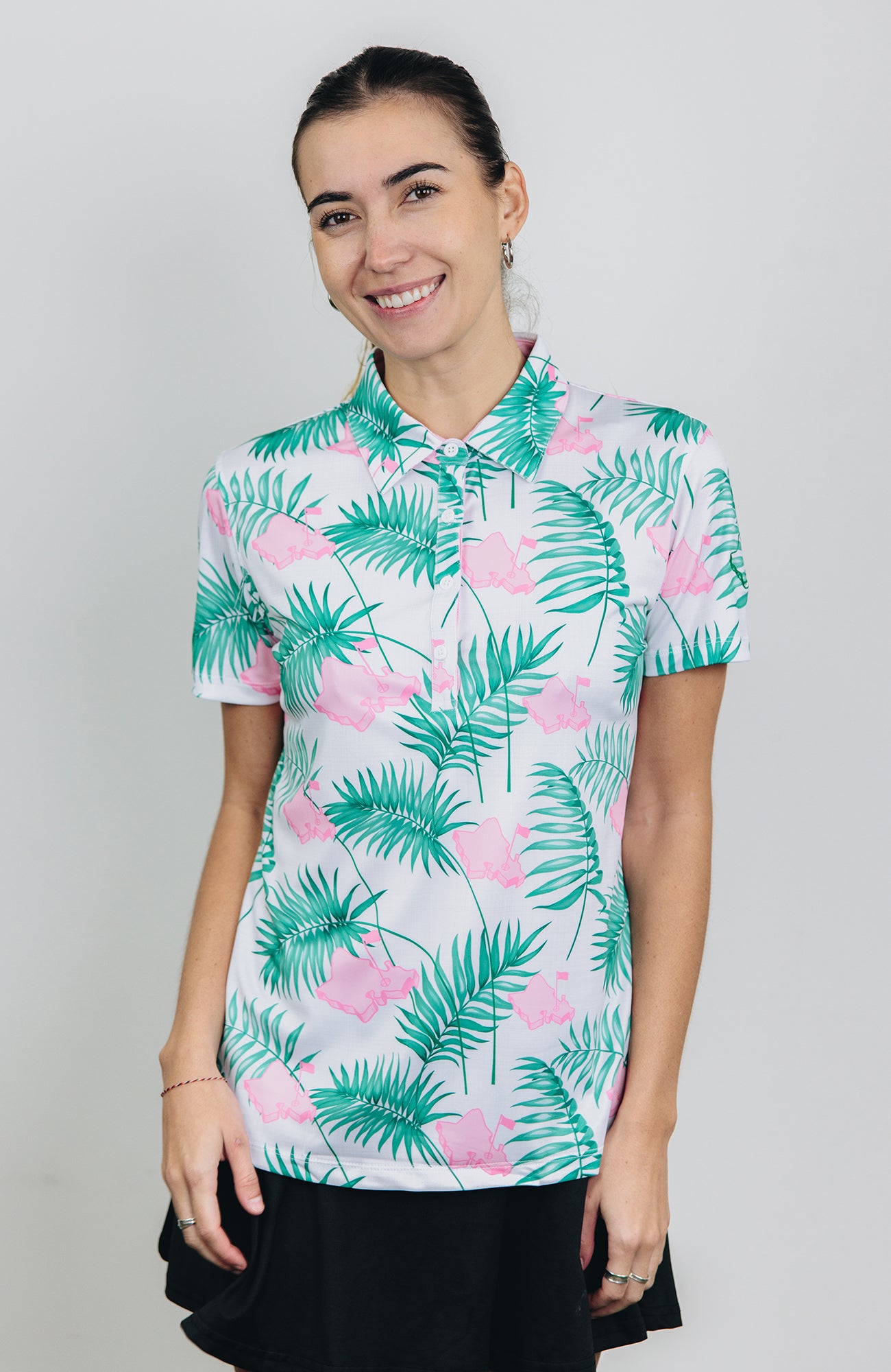 "It's About Time" White Tropics - OGA Women's Polo - White / Pink / Green