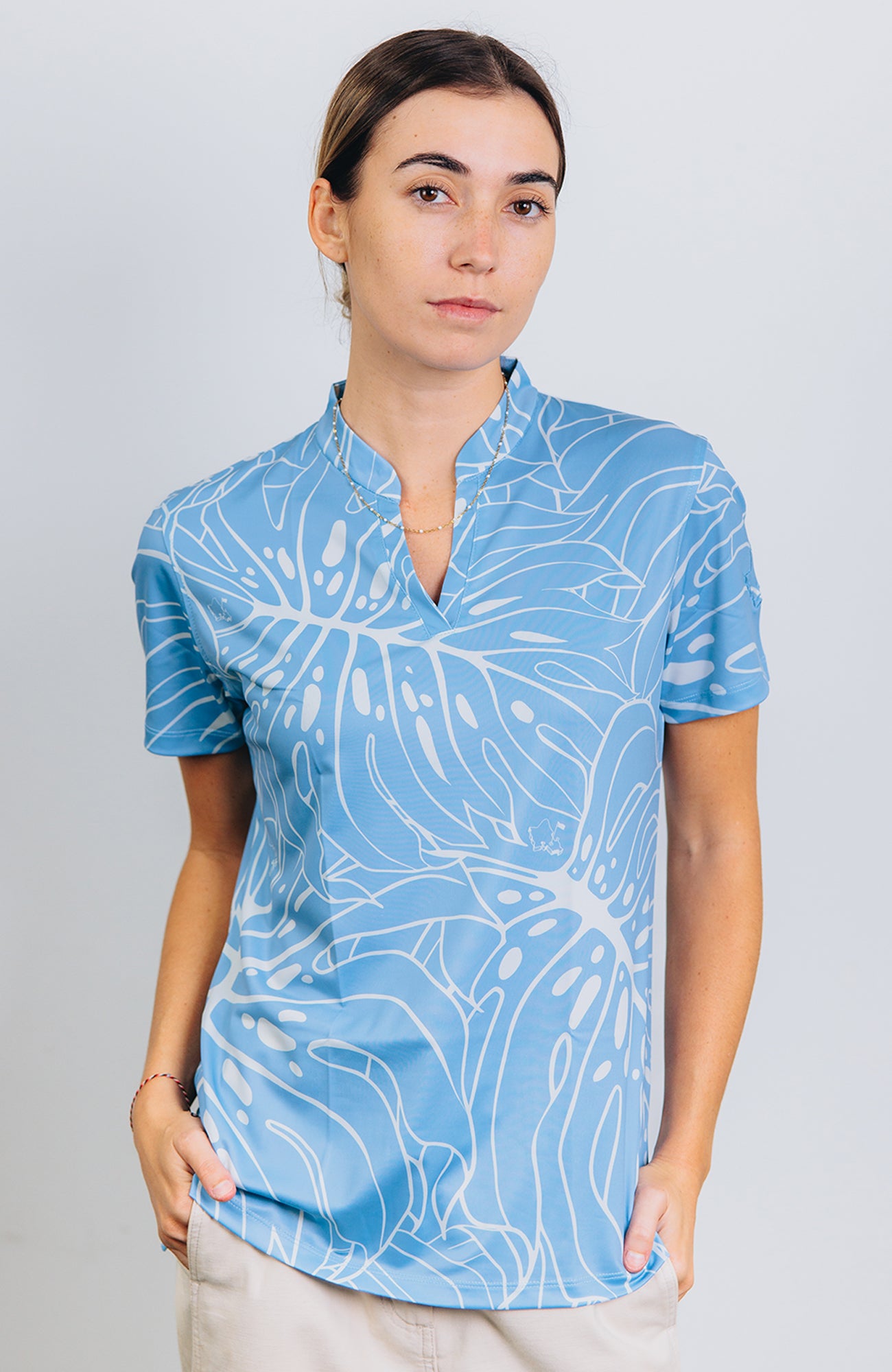 "Monstera 3.0" Blue Smoke - OGA Women's Polo - Blue Smoke / Off White