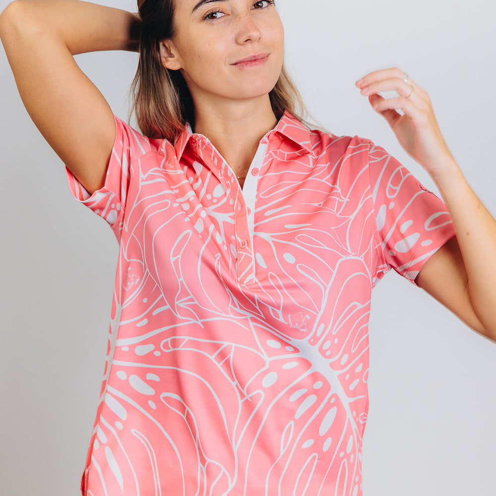 
                      
                        "Monstera 3.0" Coral Cream Too- OGA Women's Collared Polo - Coral / Cream
                      
                    