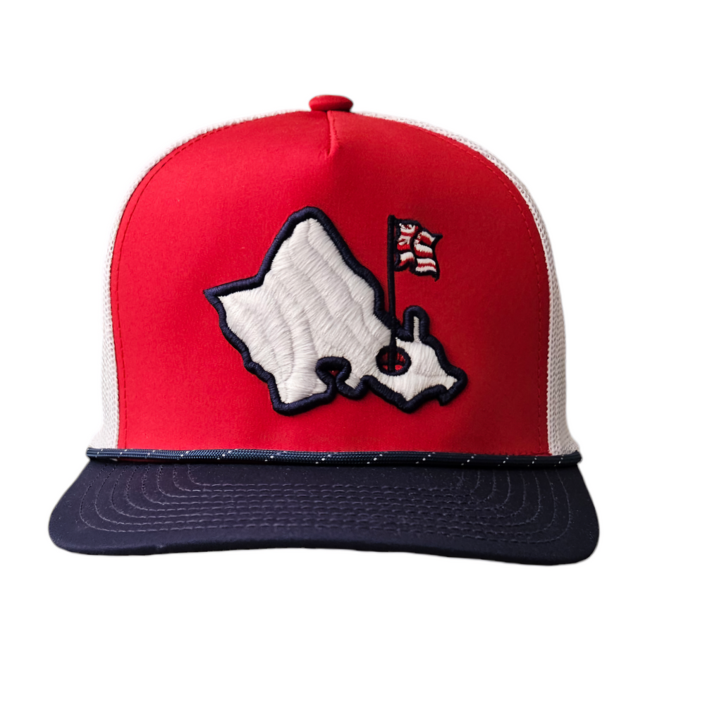 "Mauka Island Trucker" - Red/White/Blue Trucker Snapback - White Mauka Island Logo