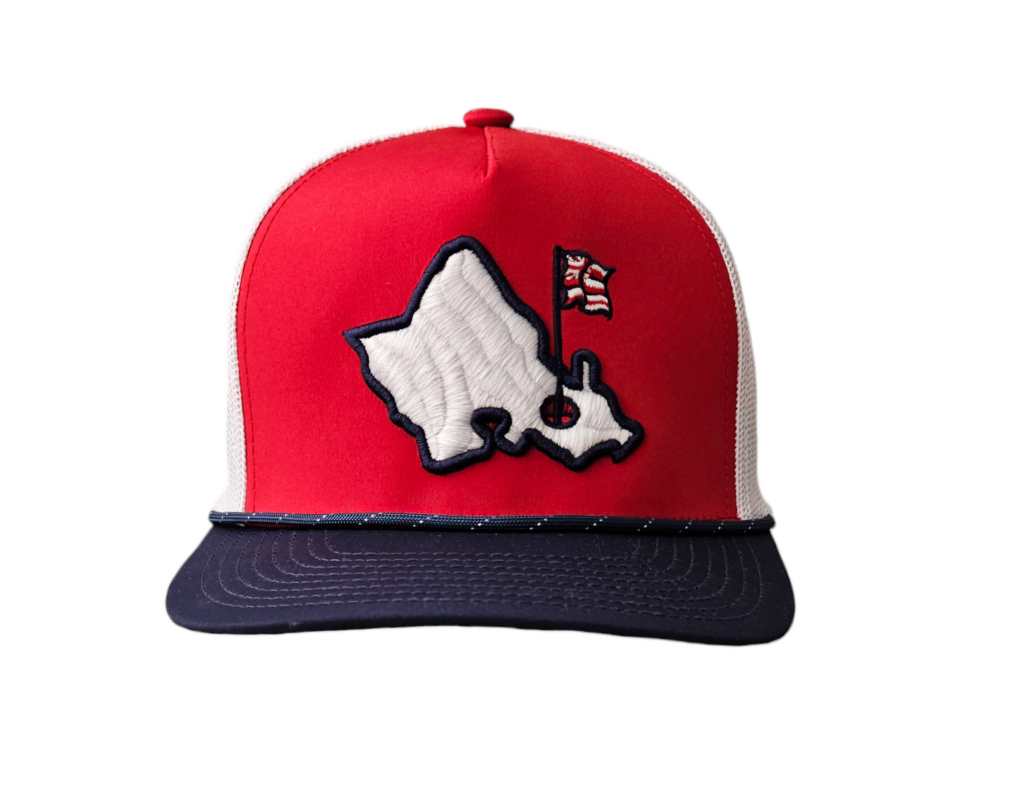 "Mauka Island Trucker" - Red/White/Blue Trucker Snapback - White Mauka Island Logo