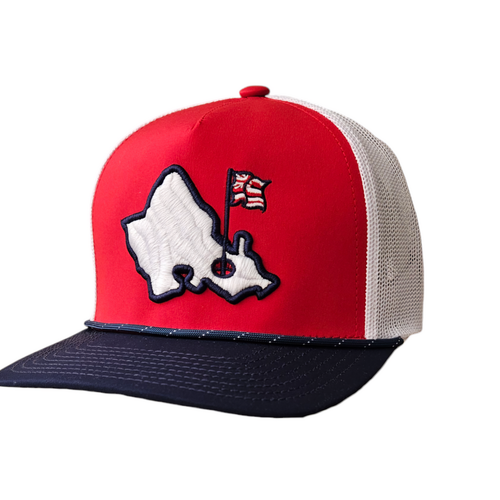 "Mauka Island Trucker" - Red/White/Blue Trucker Snapback - White Mauka Island Logo