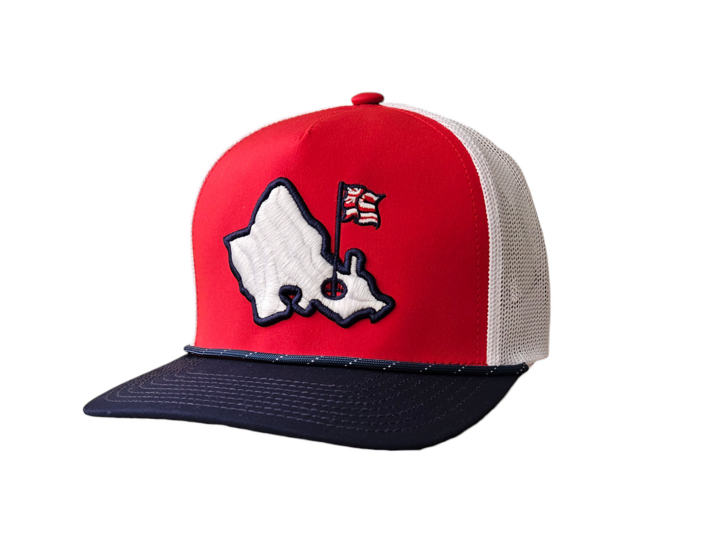 "Mauka Island Trucker" - Red/White/Blue Trucker Snapback - White Mauka Island Logo