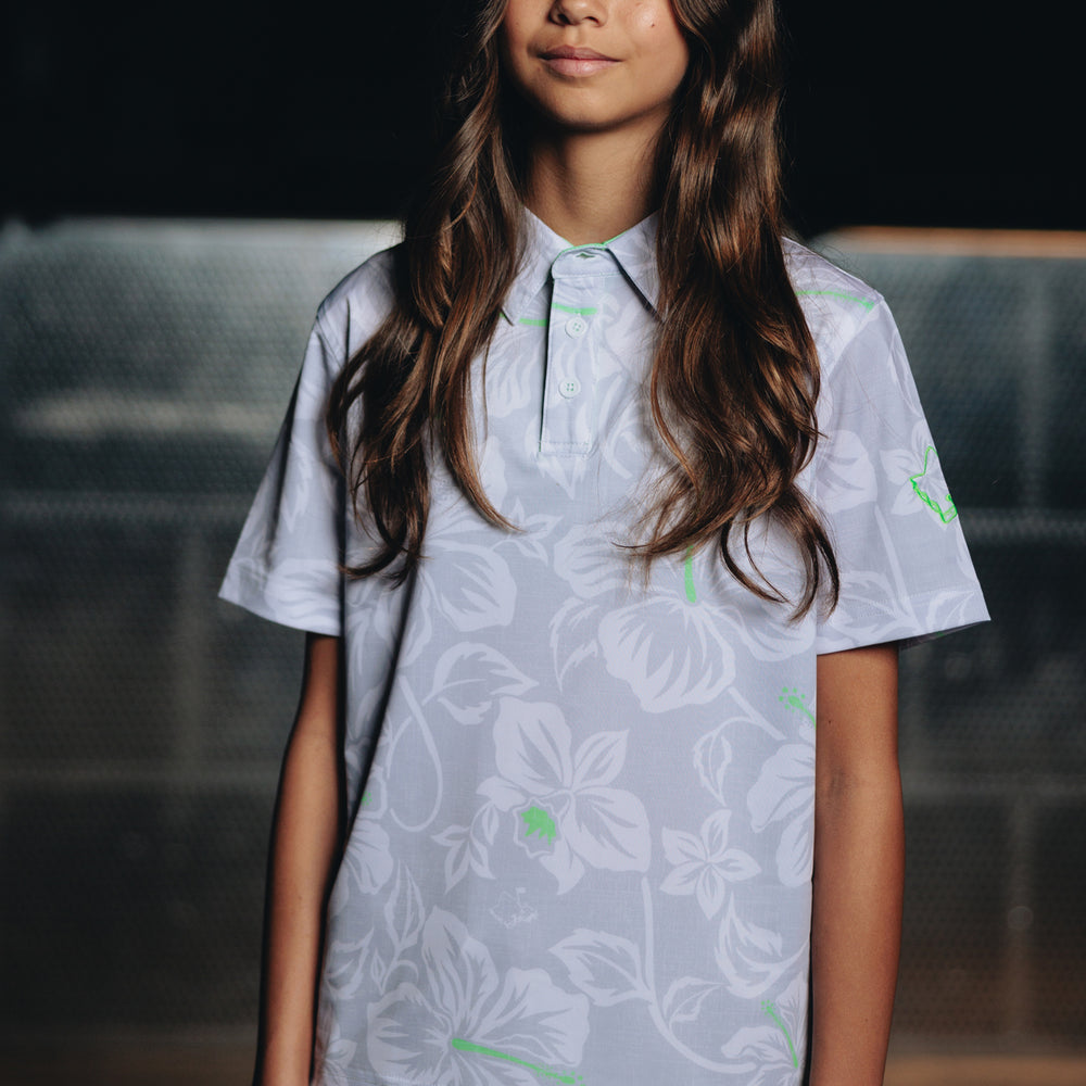 "Silver Mint Bloom" - OGA Youth Polo - Silver / Neon Mint