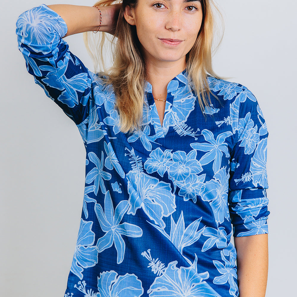 "Sketchy Floral" Deep Sea - OGA Women's Long Sleeve Polo - Deep Blue