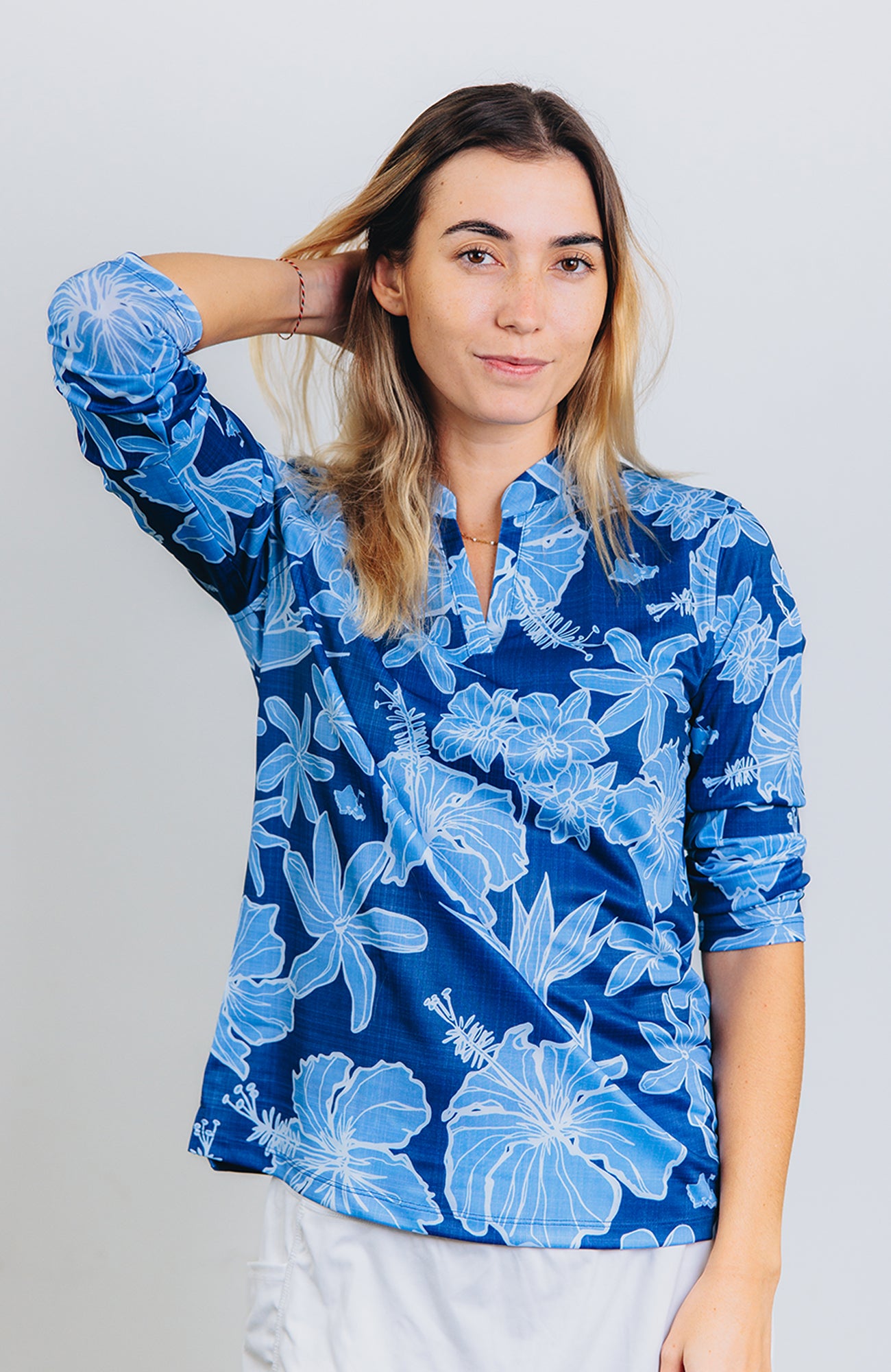 "Sketchy Floral" Deep Sea - OGA Women's Long Sleeve Polo - Deep Blue