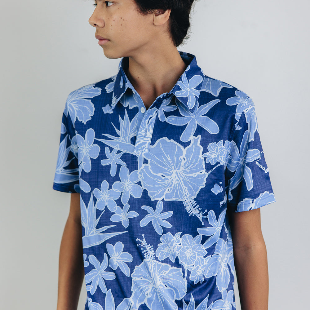 "Sketchy Floral" Deep Sea - OGA Youth Polo - Deep Blue