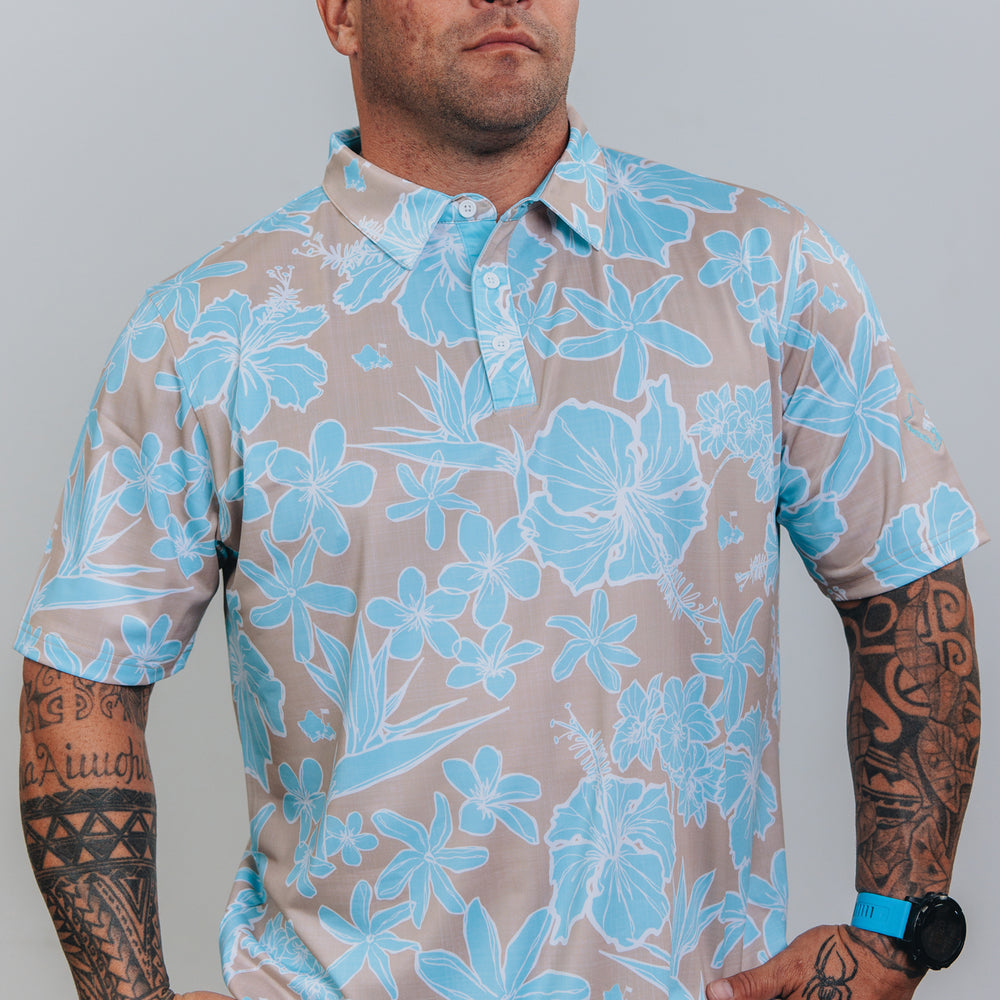 
                      
                        "Sketchy Floral Sandy Aqua" - OGA Men's Polo - Sand and Aqua
                      
                    