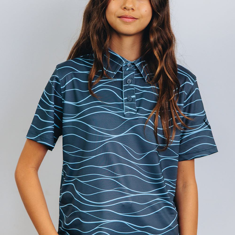 "Wavy" Tiger Shark Gray - OGA Youth Polo - Shark Gray / Sky Blue