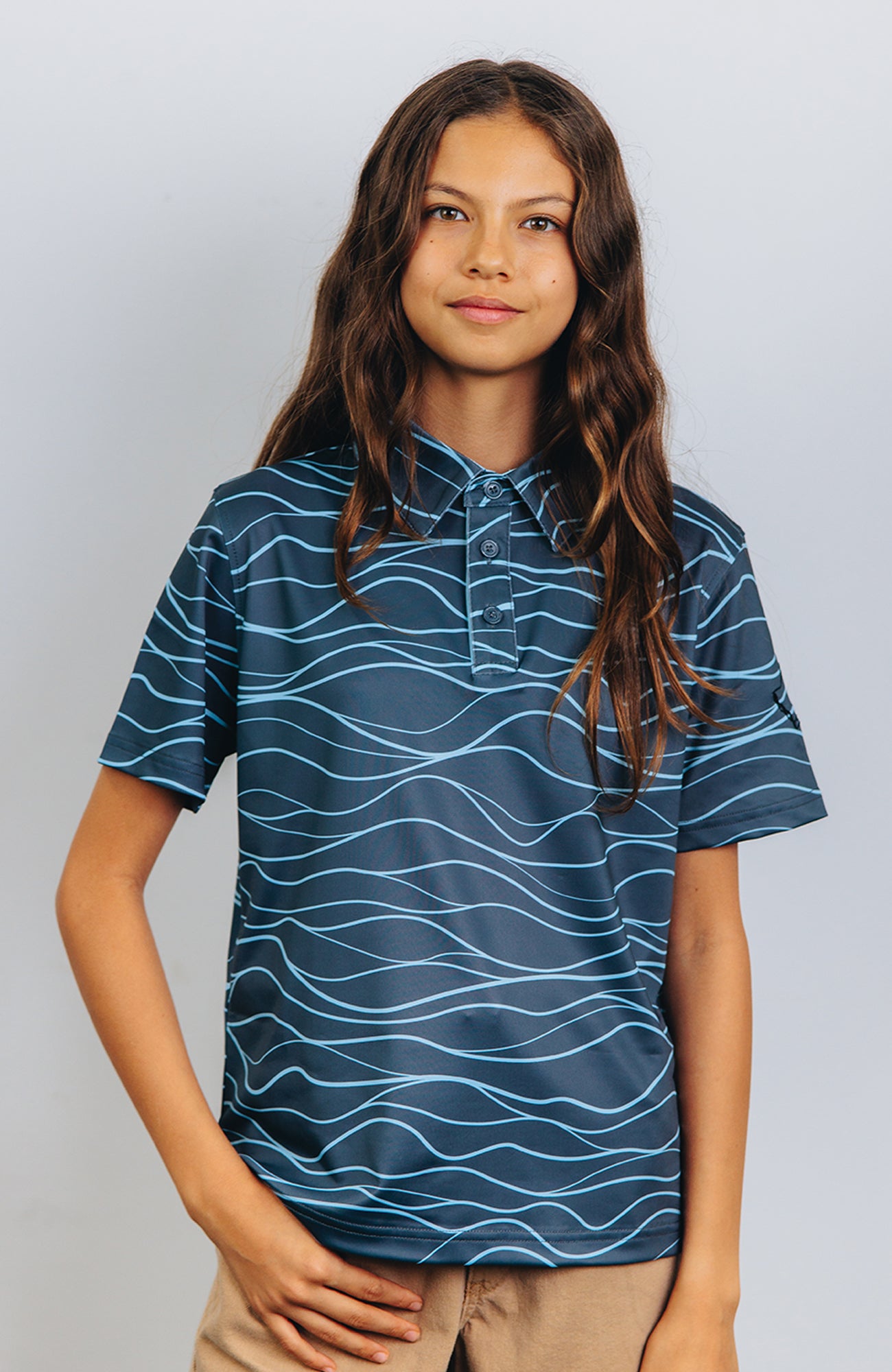 "Wavy" Tiger Shark Gray - OGA Youth Polo - Shark Gray / Sky Blue