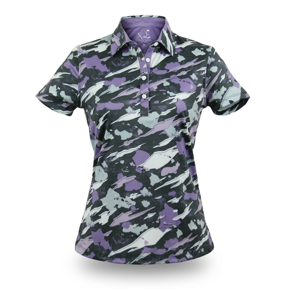 "Island Flow" Ube Graphite Camo - OGA Women's Polo - Gray / Ube Purple