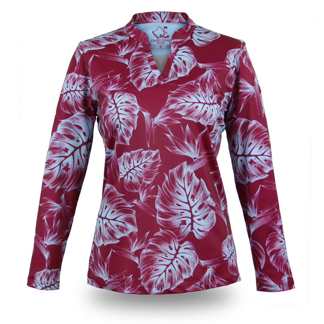 "Jungle" Burgundy Lilac - OGA Women's Long Sleeve Polo - Burgundy / Lilac