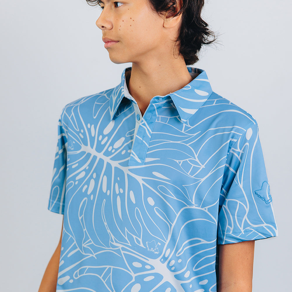 "Monstera 3.0" Blue Smoke - OGA Youth Polo - Blue Smoke / Off White