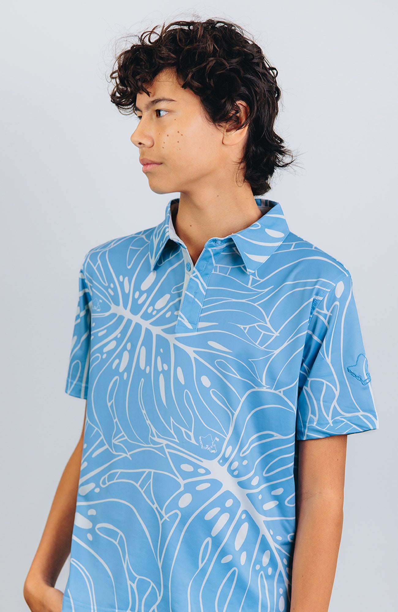 "Monstera 3.0" Blue Smoke - OGA Youth Polo - Blue Smoke / Off White