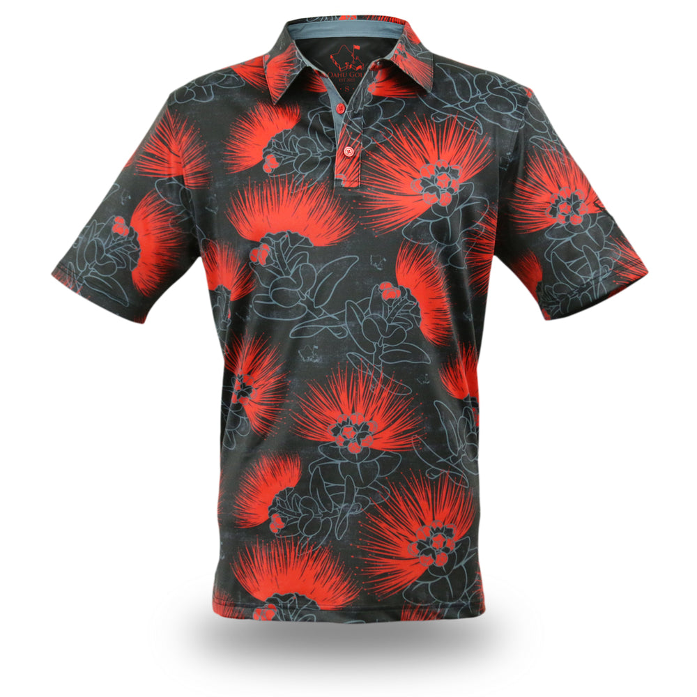 "Ohia Lehua" BRED 2 - OGA Men's Polo - Obsidian Black / Red Lava