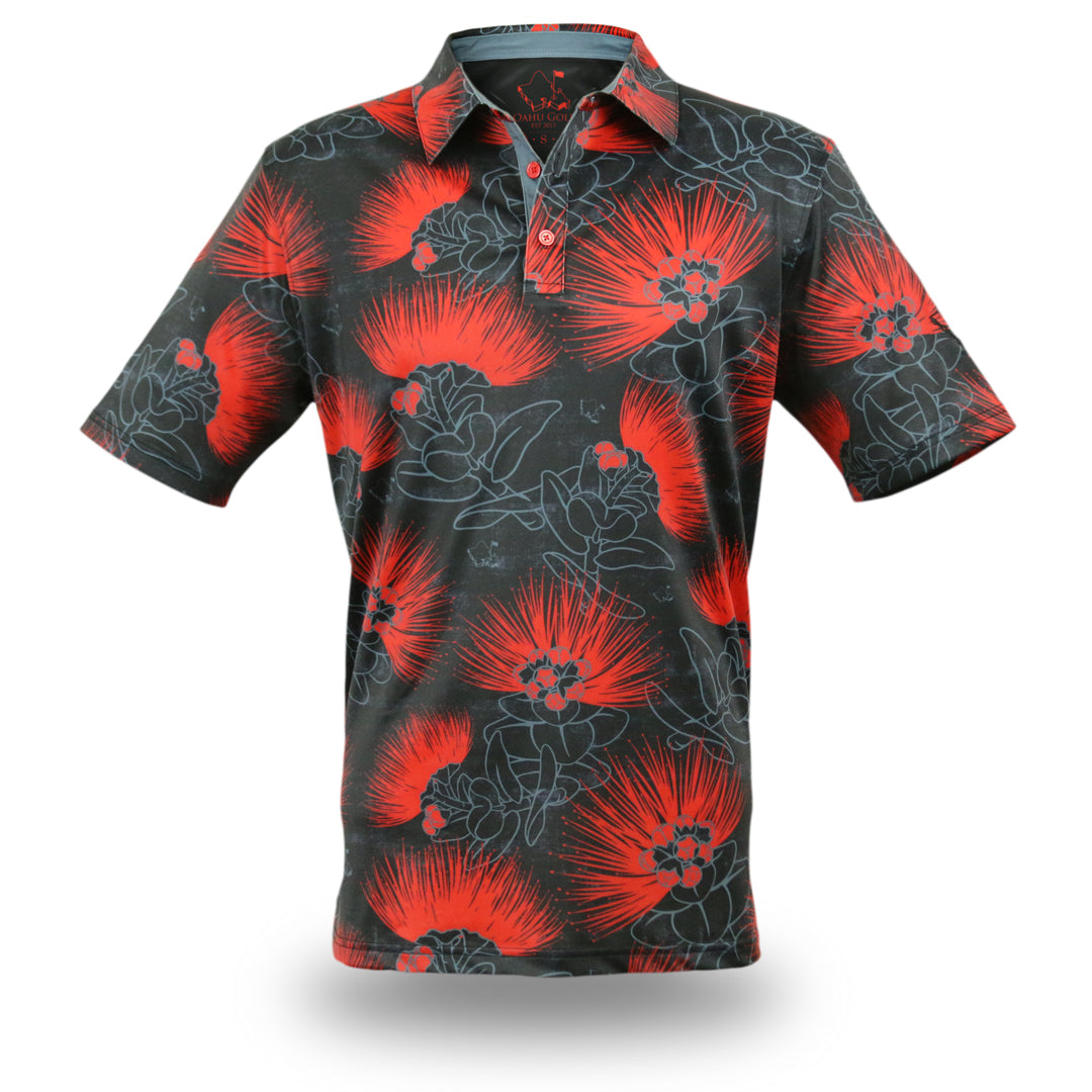 "Ohia Lehua" BRED 2 - OGA Men's Polo - Obsidian Black / Red Lava