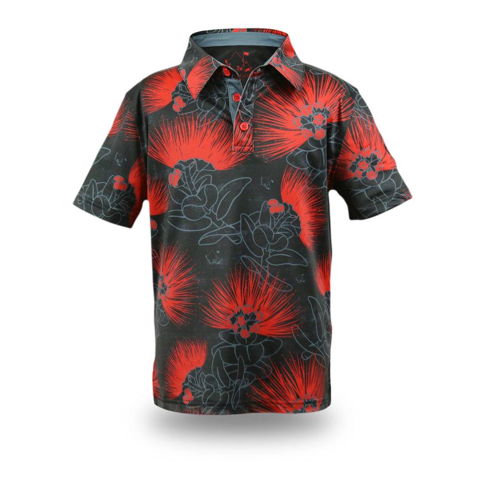 "Ohia Lehua" BRED 2 - OGA Youth Polo - Obsidian Black / Red Lava