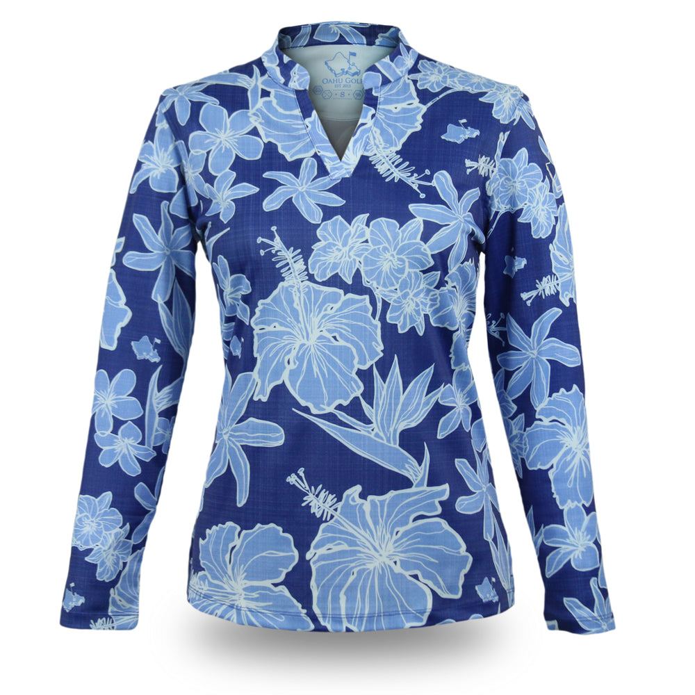 "Sketchy Floral" Deep Sea - OGA Women's Long Sleeve Polo - Deep Blue